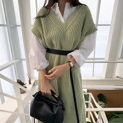 Women Korean Two Piece Sets Turn-down Collar Long Sleeve White Shirt Chic V-neck Split Knitted Vest Dress Female New Suit