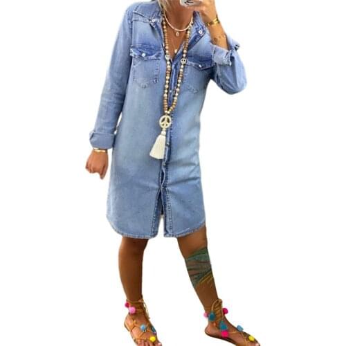 Women Autumn Vogue Clothes Long Sleeve Sexy V Neck Button Down Denim Dress Stylish Casual Mini Dresses Pockets Streetwear