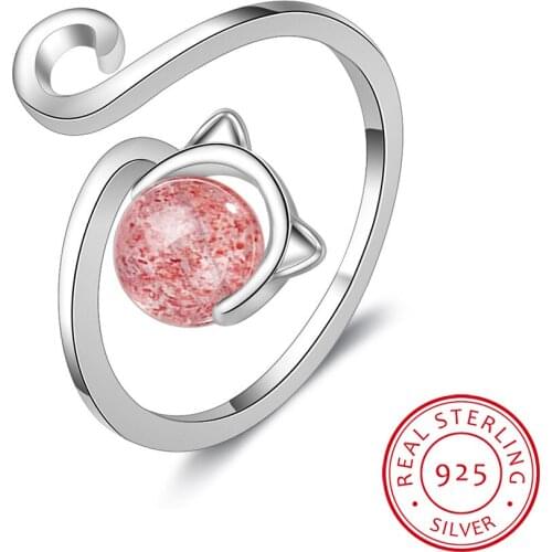 100% 925 Solid Real Sterling Silver Fashion Cat Strawberry Crystal Opening Ring Sizable For Teen Girl Kid Xmas Gift DS977