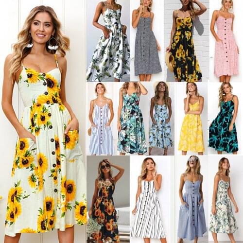 2021 Womens Casual Retro Sun Dress Bohemia Sexy Dresses Fashion Button Open Back Polka Dot Stripe Flower Dress.xǐ yíng yíng