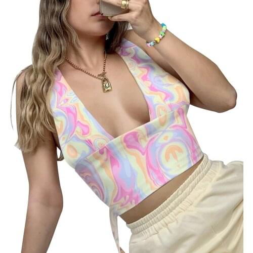 2021 Fashion Sweet Sexy Bandage Halter Tank Top Women Sleeveless Print Backless Crop Top Holiday Summer Girls Casual Camis