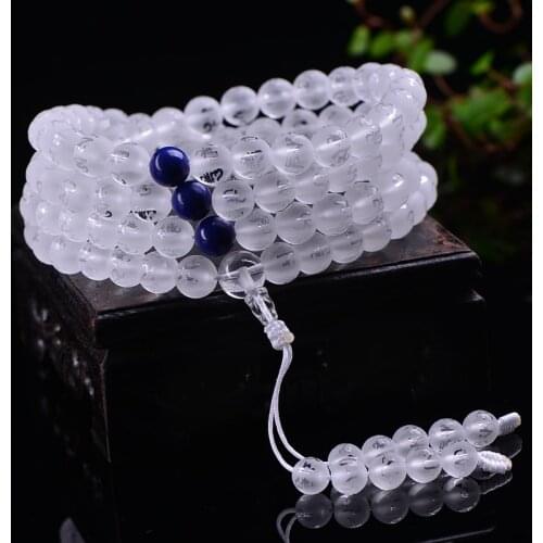 BRO609 Tibetan Mantras Prayer Beads Mala Natural Matted Crystal Rosary 6mm 8mm OM MANI PAD ME HUM