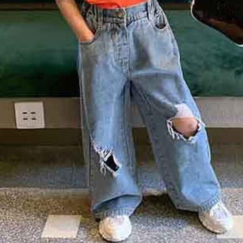 Girls Pants Personality Ripped Wide Leg Jeans Trousers 2021 Spring And Summer New Fashion Kids Clothes ChildrenS Clothing