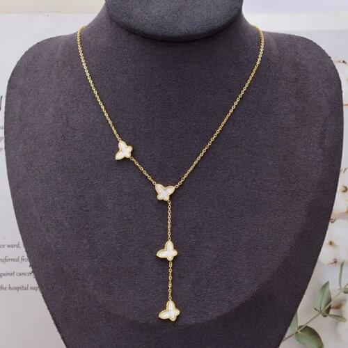 316L Stainless Steel White Shell Butterfly Tassel Pearl Pendant Charms Chain Choker Necklace For Women Fashion Fine Jewelry