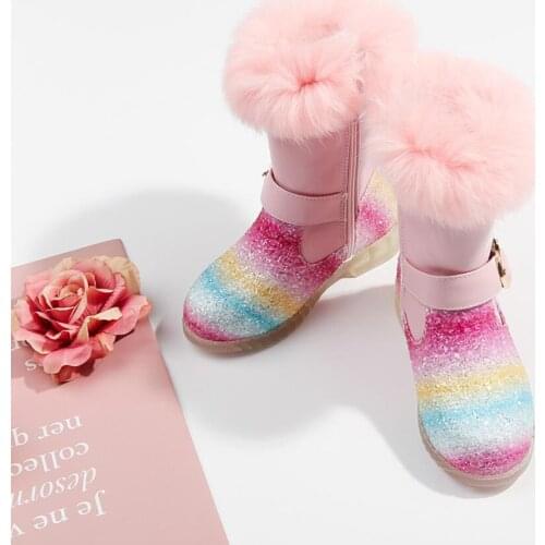 Autumn Rainbow Sequined Childrens Short Boots Winter New Plus Velvet Warm Girls Snow Boots Childrens Fashion Martin Boots