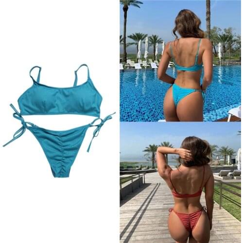 Summer Simple 2 Piece Bandage Bikini Sets String Low Waist Thong Mini Vest with Low Waist Swimming Trunks Beach Bathing Suit