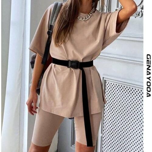 Genayooa Women Shorts Sets Summer Two Piece Set Womens Sets 2021 Korean Solid Short Sleeve T Shirt Pant Suits Tracksuit Casual