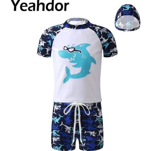 3Pcs Kids Boys Swimwear Swimming Suit Short Sleeves Cartoon Print Tops with Shorts and Hat Set Beach Pool Bathing Swimwear