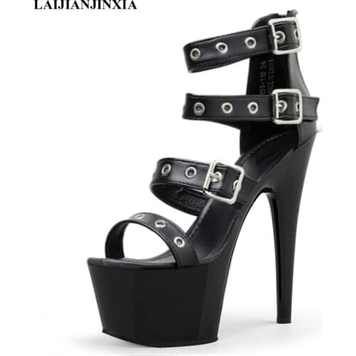 LAIJIANJINXIA New Black Platform Shoes Women Pumps 17 CM Heels Women Summer Sandals Plus Size Shoes Sexy Ankle Strap High Heels