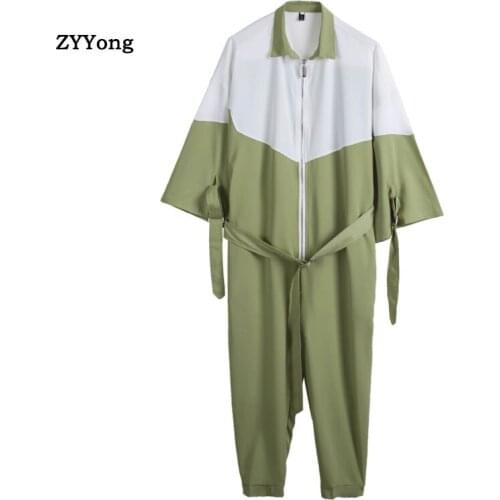 2020 Fashion Men Romper Stitching color Jumpsuit With Belt Half Sleeve Streetwear Casual Pants Men Cargo Overalls Ankle Length