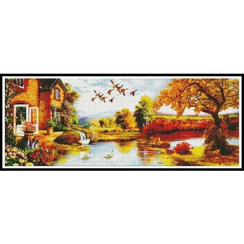 Golden Scenery Printed Paintings Counted Cross Stitch Sets 14ct 11ct Printed Fabric Handmade Embroidery Kits DIY Needlework Kits