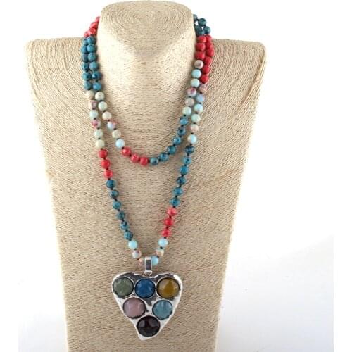 New ! 108 Beads Mala Multi Stone Knotted Heart Charm Pendant Necklace Women Yoga Necklace