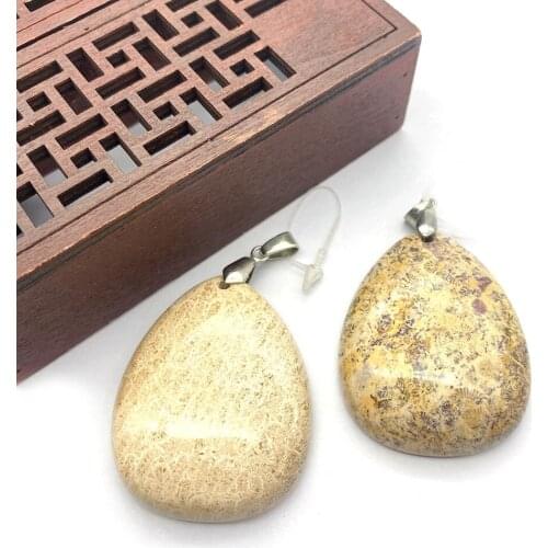 Natural Stone Drop-shaped Pendant Coffee Color Picture Stone DIY Pendant Necklace Earrings Accessories Designer Charms 35x44mm