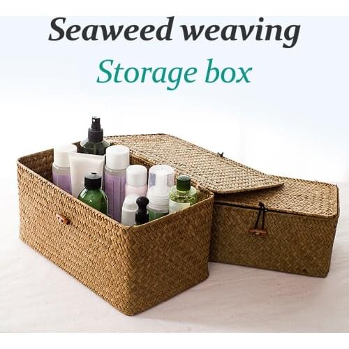 Rattan Handmade Box Receiving Basket Cosmetic Towel Container For Shelf Organizer Iron Cotton With Button Home Decor Seaweed