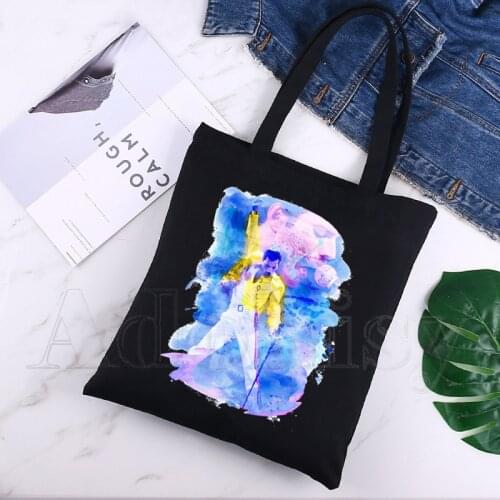 Freddie Mercury Shopping Bag Print Original Design White Unisex Fashion Travel Canvas Bags Black