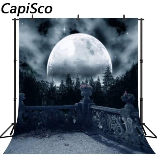 Capisco Vinyl Photography Backgrounds Dark Horror Night Full Moon Trees Gloomy Balcony View Halloween Theme Photo Backdrop