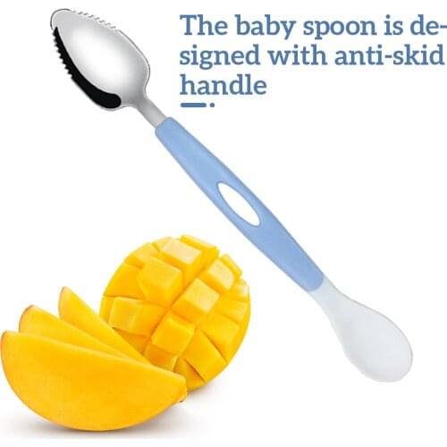 High Quality 1PC Kids Spoon Double-Ended Baby Feeding Training Spoon Stainless Steel Serrated Fruit Scraping Utensil