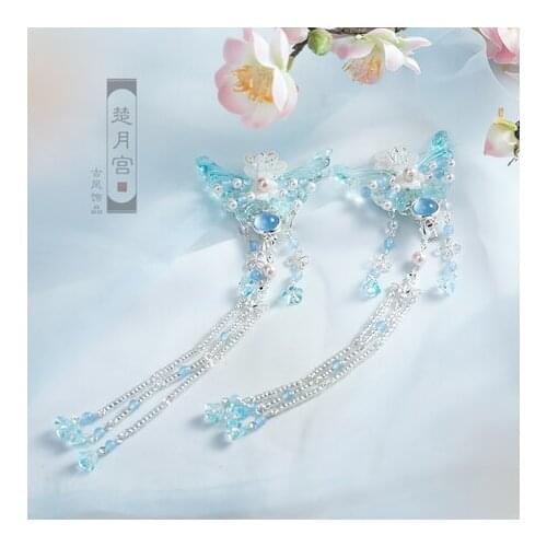 Chinese Costume Headdress Hairpin Fairy Ancient Style Small Fresh Loli Glaze Butterfly Tassels Pair Clip Hanfu Hair Accessories