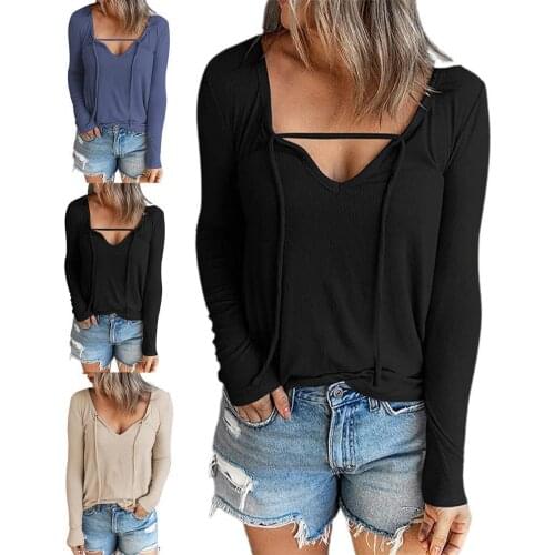 Women Fashion Sexy Casual Solid Color T-shirt Long Sleeve Autumn Front Lace Up Pullover Top Streetwear Dating