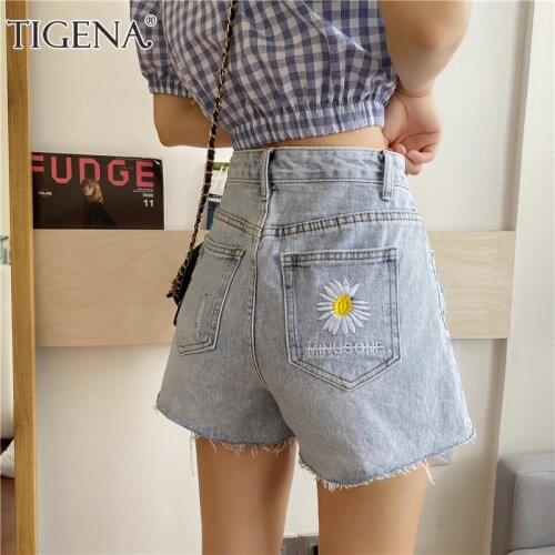 TIGENA Daisy Floral Embroidery Denim Shorts Women 2020 Summer Korean High Waist Ripped Jeans Shorts Female Short Pants Women