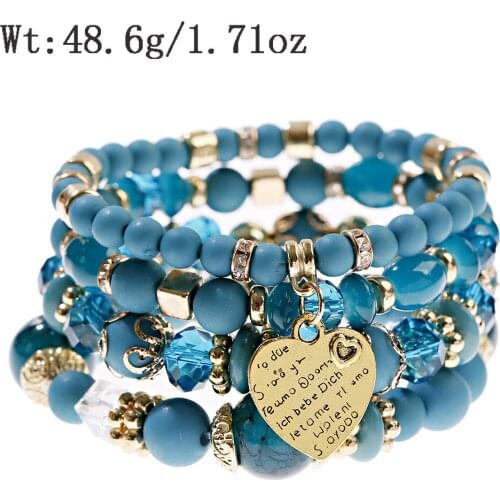4pcs/set Multilayer Bohemia Bracelet Resin Beads Bracelets For Women Bijoux Vintage Heart Charm Bracelet Femme Jewelry