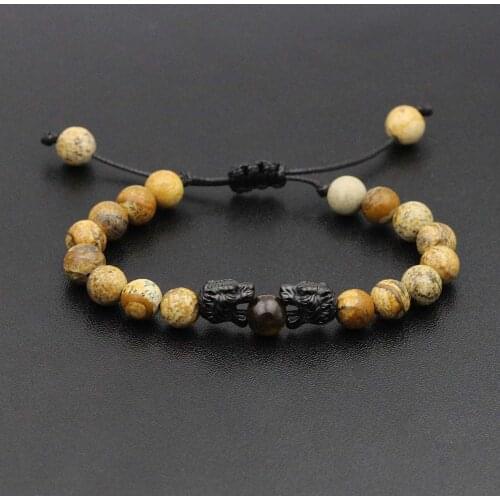 8mm Natural Stone Beads Bracelet Braided Rope Bangles Stainless Steel Black Leopards Men Women Yoga Healing Balance Bracelets