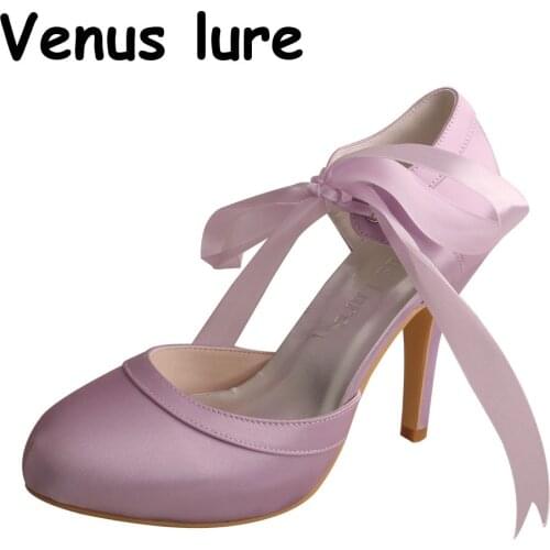 12CM Satin Lavender Heels with Ribbon Ankle Strap Bridal Shoes Prom