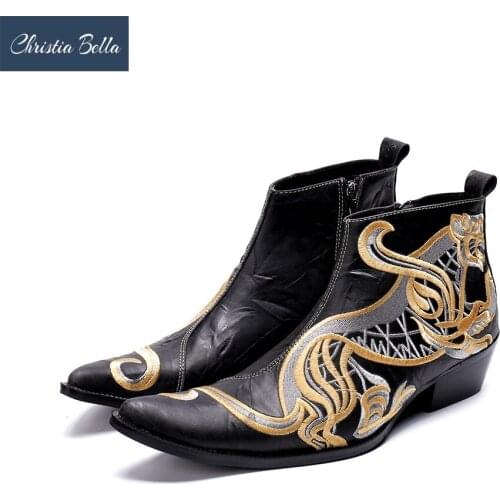 Christia Bella Autumn Rivets Men Shoes Genuine Leather Embroidery Boots Fashion Pointed Toe Boots Plus Size Zipper Ankle Boots