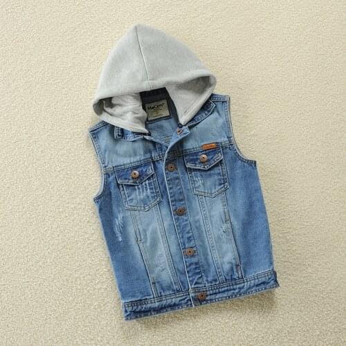 Boys Denim Vest With Hood Brand Design Kids Casual Jean Coat Outerwear For Teen Boys 2-14 Years Waistcoat LM076