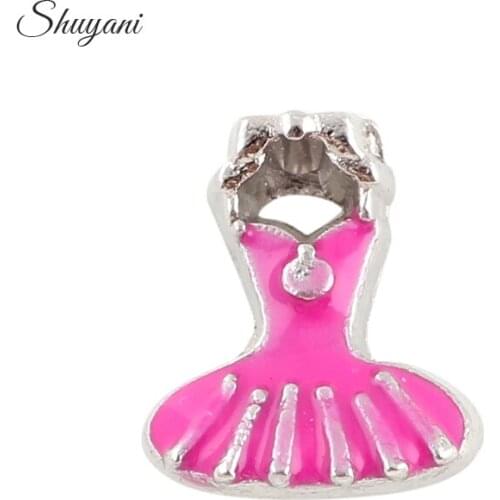 F244 Enamel Pink Dancing Party Dress 20Pcs/lot Floating Locket Charms Fit Memory Glass Living Locket