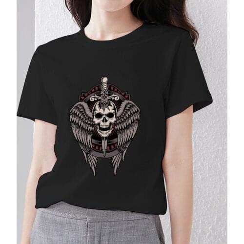 Classic Women O-Neck T-Shirts Summer Street Style Black Print Skulls Pattern Series Short Sleeve Tee Shirt Casual Female Clothes