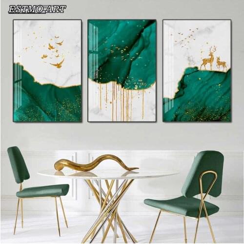 Canvas Painting Abstract Art Posters HD Gold and Green Elk Bird Print Picture Hoom Decor Living Room Wall Decorative Paintings
