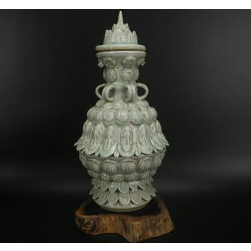 Song Dynasty Hutian Kiln Chinese Quaint Azure Glaze Open Piece Carved Lotus Vase