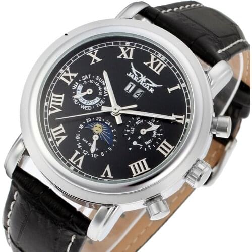 Jaragar Top Brand Male Leather Auto Mechanical Wrist Watches Multifunction Vintage Moonphase Luminous Hands Mens Retro Clock