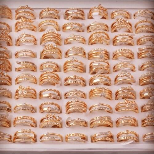 Fashion Wholesale Lots 50Pcs Mixed Style Gold-color Alloy Zirconia Open Adjustable Rings for Women Lady Bulk Jewelry