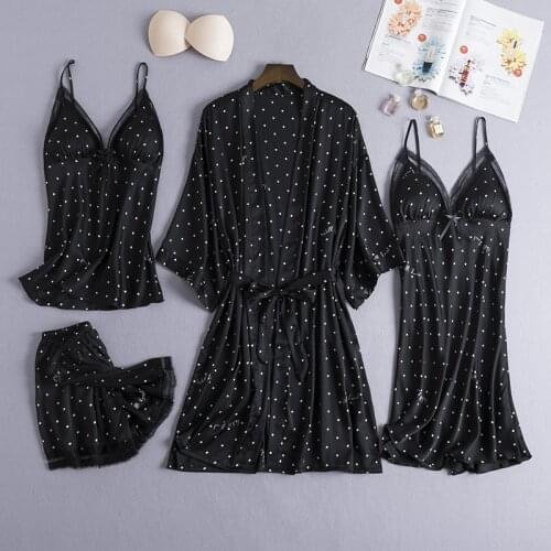 Nightgown Sets Womens 4 pcs Robe Suit Spring Sleepwear Nighty Wear Pajamas Sexy Strap Nightwear Sleep Kimono Bath Gown Homewear