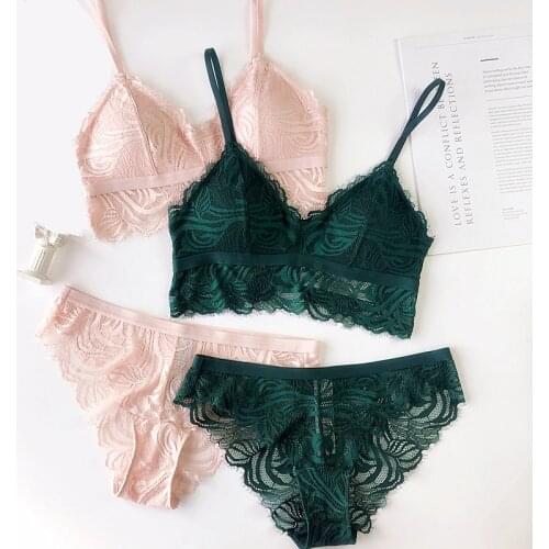 Wriufred Embroidery Green Lace Bralette Underwear Women Bra Sets Wire Free Bras Transparent Ultrathin Plus Size Lingerie Set