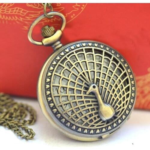 Fashion vintage accessories The Large Graceful Noble Retro Vintage Bronze Carved Peacock Pocket Watch with Chain