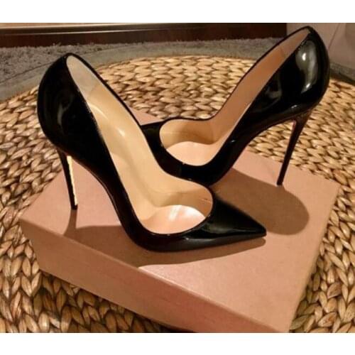 Moraima Snc Black Patent leather high heel shoes Sexy Pointed Toe Thin Heels Woman Pumps 12CM Stiletto Heels Party Dress Shoe