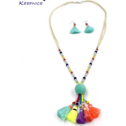 New Rainbow Colorful Tassel Pendents Pompoms Pompous Beaded Chain Necklace Boho Bohemia Statement Maxi Necklaces For Women