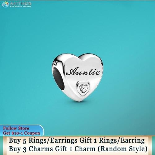 Ahthen 925 Sterling Silver Beads Auntie Love Heart Charms fit Original Pandora Bracelets for Women Jewelry Making Birthday Gift
