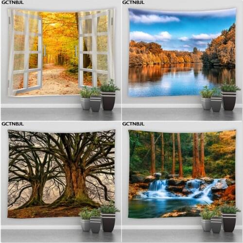 Autumn Forest Landscape Tapestry Hippie Trees Yellow Leaves Natural Scenery Wall Hanging Tapestries Mandala Bedroom Dorm Decor