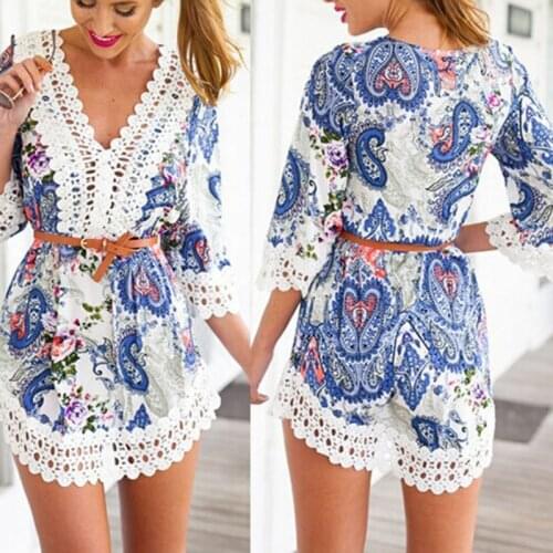 Sakazy Women Print Lace Deep V Crochet Boho Beach Dress Floral Chiffon Shirt Blouse Sundress Fashion Party Summer Dress