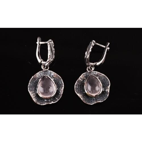 UM US JEWELRY Pink Quartz Stone 925 Sterling Silver Earrings