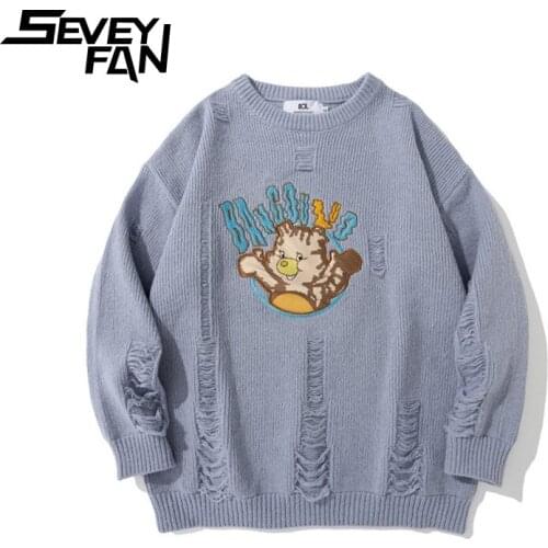 SEVEYFAN Mens Fashion Cartoon Embroidery Sweaters BF Ripped Cotton Kintwear Hip Hop Pullover Sweater for Couples