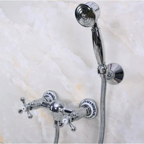 Modern Wall Mount Polished Chrome Brass Bathroom Hand Shower Faucet Mixer Tap Set Telephone Shape Hand Spray Shower Head ana275