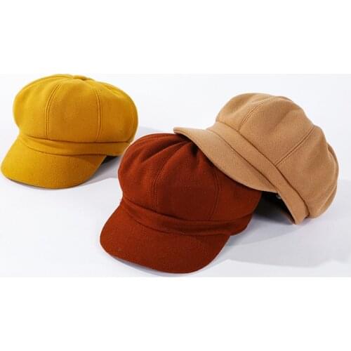 Pure Color Plush Octagonal Cap Womens Fall and Winter Thickened Warm Beret Retro Painter Hat