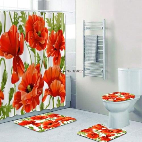 Watercolor Red Floral Pattern Shower Curtain Peony Poppy Flower Bath Curtain for Bathroom Bath Mat Rug Carpet Toilet Poppies