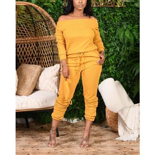 2 Piece Sets Womens Outfits 5XL Off Shoulder Slash Neck Long Sleeve Tracksuit Women Solid Color Drawstring Waist Plus Size
