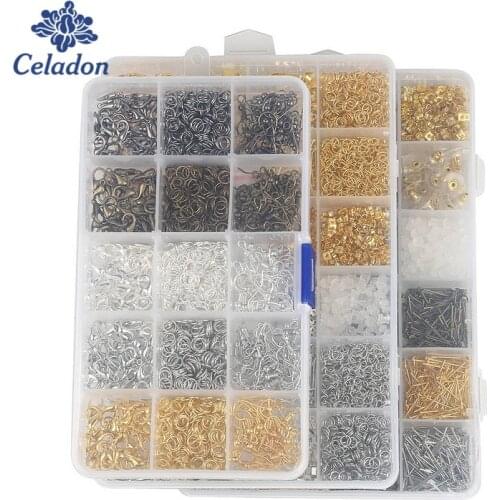 1Box 15-24 Slots Crimp End Lobster Clasps Jump Rings Extender Chains Earring Hooks Pins Flower Cap for DIY Jewelry Making